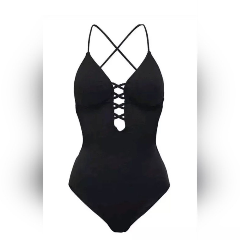 Victoria Secret Black One Piece Deep V Neck Braided Tie Bathing Suit Sz M